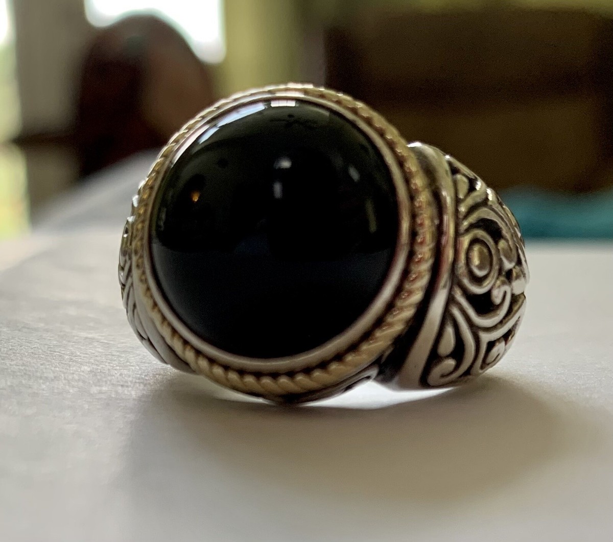 Sterling Silver 925/14K Black Onyx Ring Size 7 Big Bold Marked AE