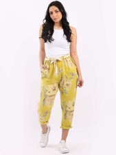 Italian Ladies Floral Print Casual Capri Pant Universal Fit Summer Linen Trouser