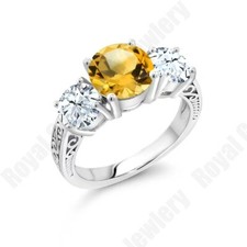 Bague ronde en argent sterling 925 citrine jaune 3 pierres pour femmes