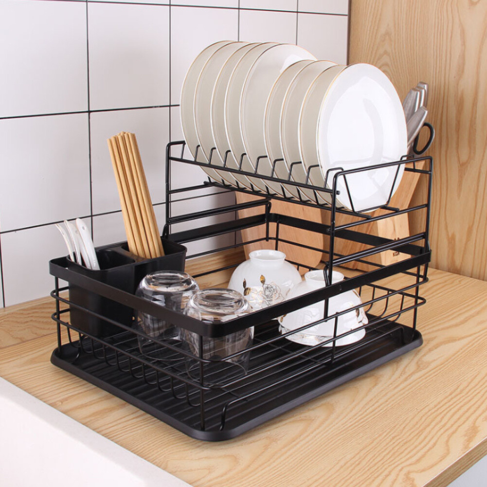 2-Tier Dish Drainer Rack with Drip Tray Metal Wire Cutlery Holder