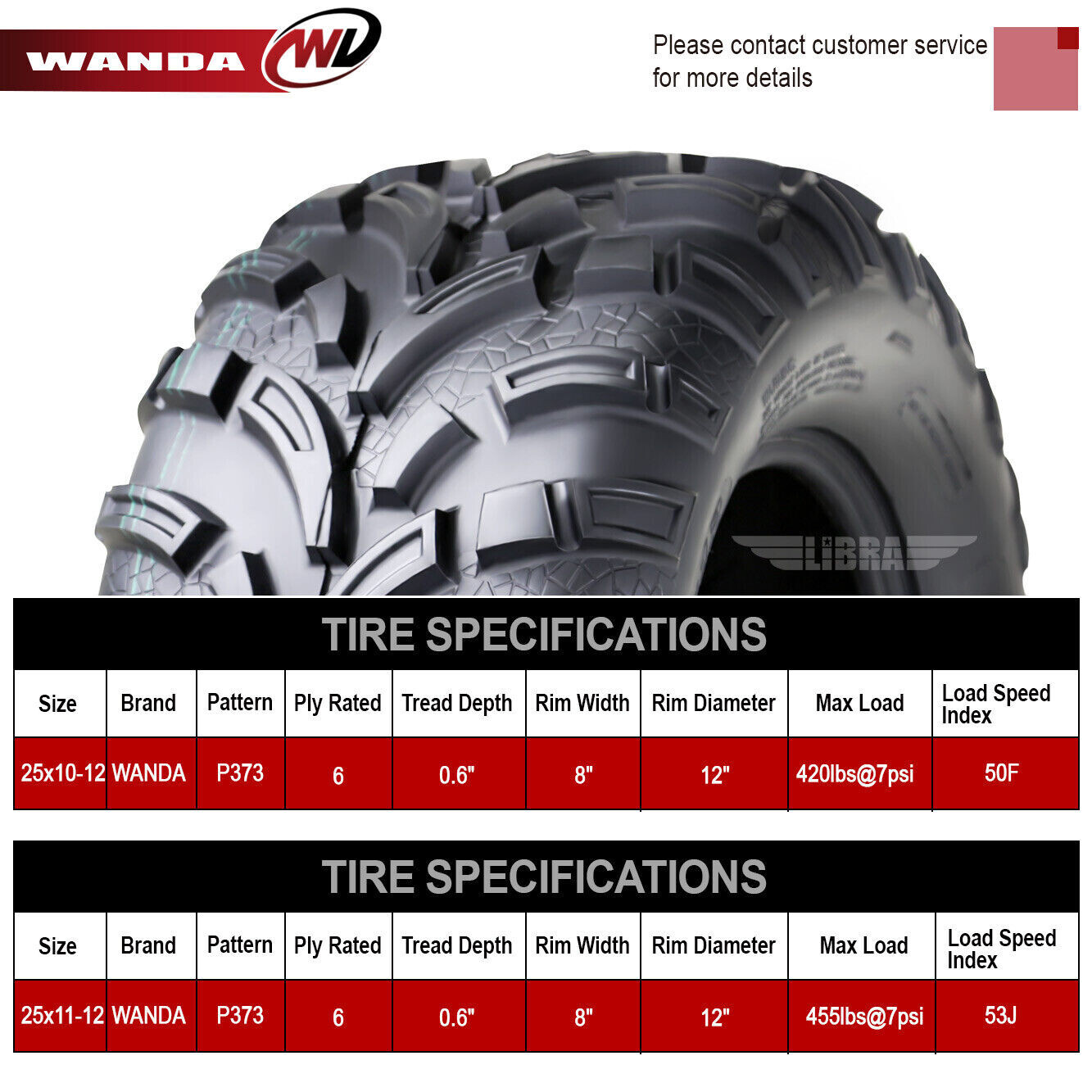 WANDA ATV Tire Set Of 4 - 25x10-12 & 25x11-12 For 2005-2009 Polaris Ranger 2X4/4X4/XP, 6-Ply
