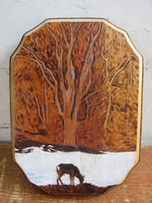 Vintage Deer Woods Winter Wood Burning Painting Carving L. Rollins 7x9.5in