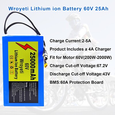 60V 25Ah Electric Bike Lithium Ion Battery for 200-2000W Motor | eBay