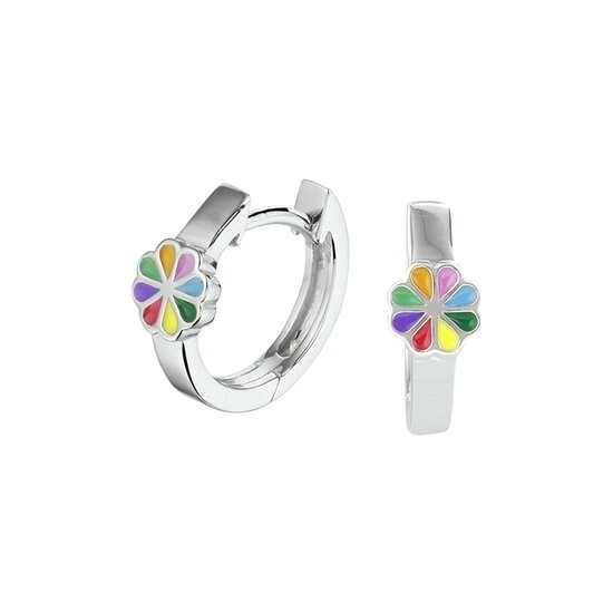 925 Silber Creolen Kinder 12,5Mm Blume Bunt Emaille Klappverschluss Yep Ohrringe-image
