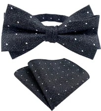 Mens Pre-Tied adjustable Bow Tie Polka Dot Black Bowtie Hanky Wedding Party