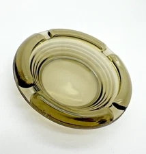 Vintage Round Amber Glass Ashtray 4 1/2” 4 Cigarette Slot - Made In USA