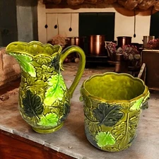Mid-Century Modern Green Leaf Inspired Majolica Ceramic Pitcher & Planter RARE