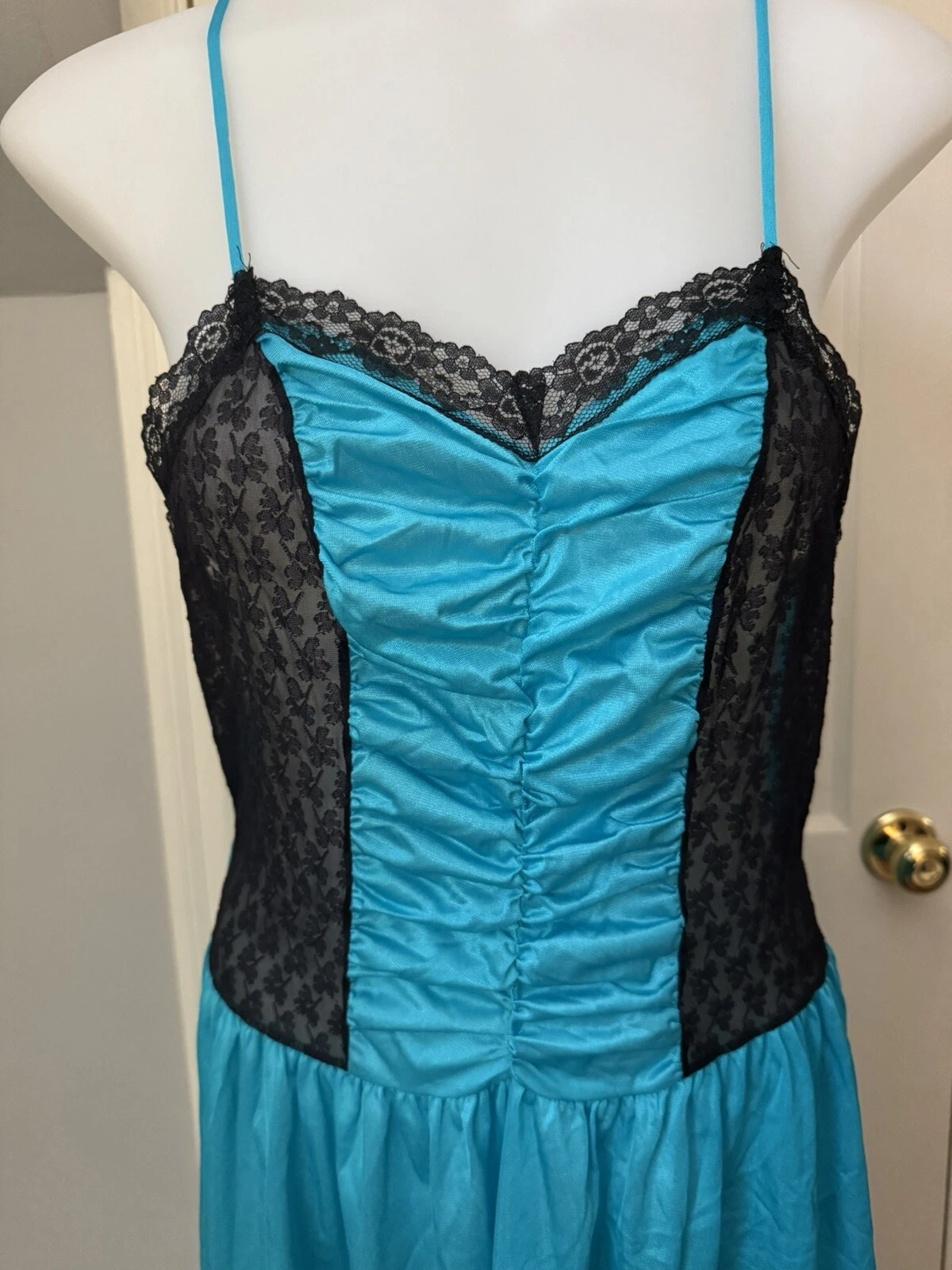 UNDERCOVER Camicia da notte donna vintage sottocoperta blu nero pizzo pullover spalline spaghetti L