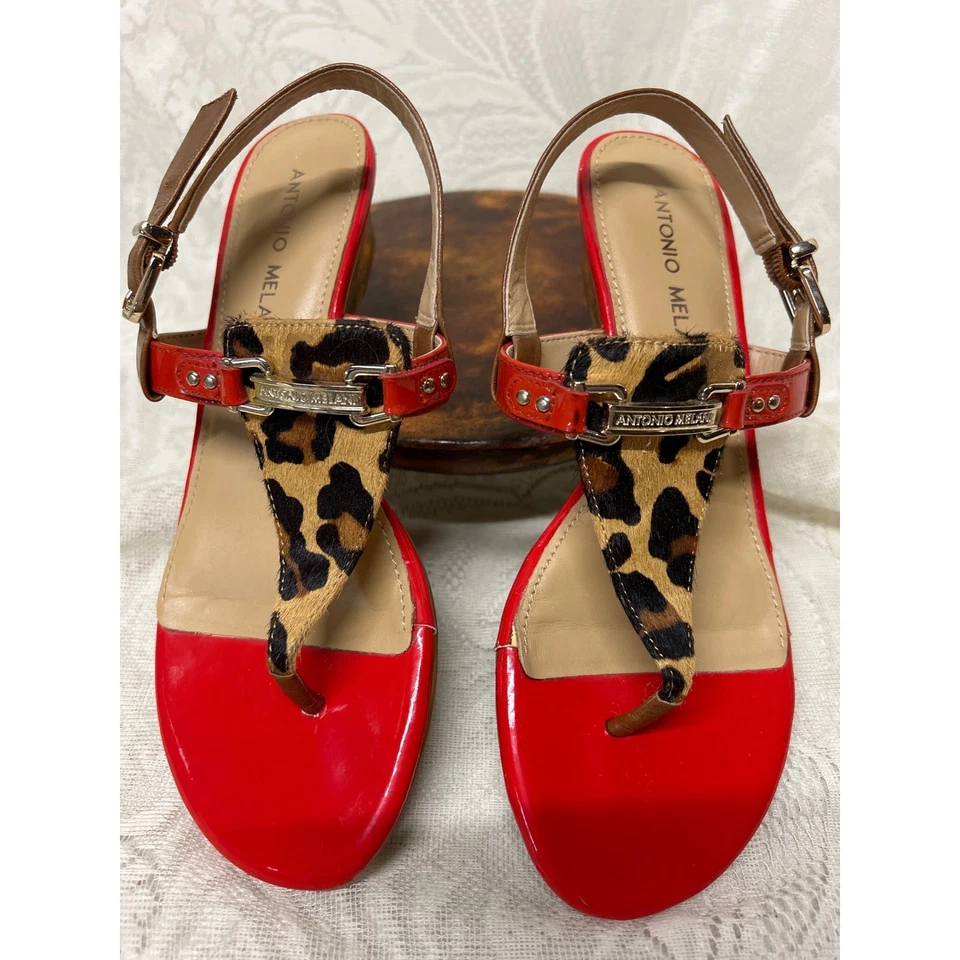 Sandalias de cuña Antonio Melani de charol rojo con estampado de leopardo talla 6,5 Foto 4 de 4