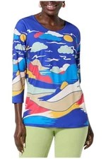 Antthony Women's Printed Studio Stretch 3/4-Slv Shirt Paris Blue Scene