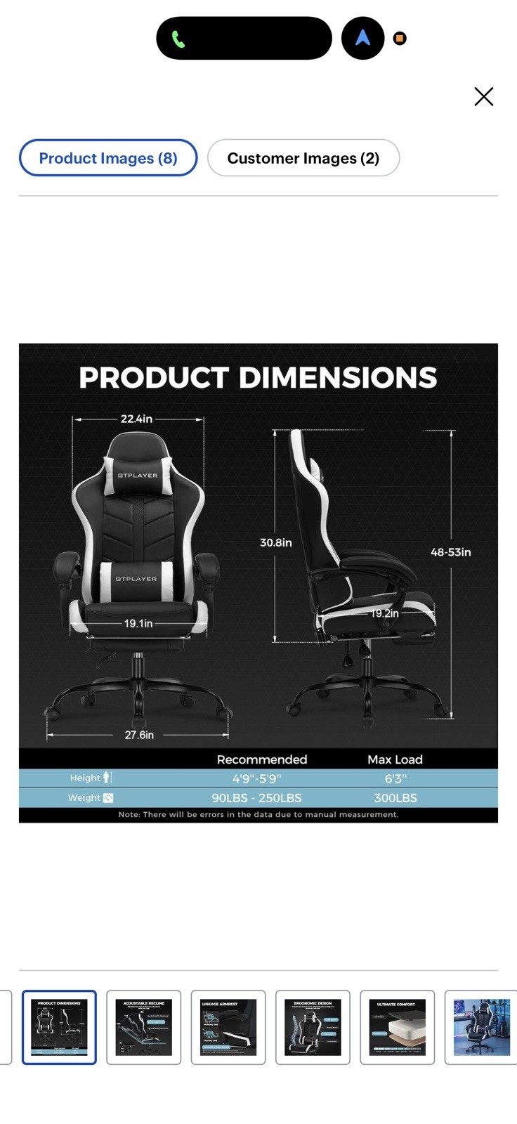GTPlayer - Gaming Chair with Footrest Ergonomic Computer Chair - White