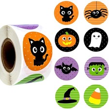 500 PCS Halloween Stickers Roll 1.5in Pumpkin Bat Ghost Sticker 8 Designs Rou...
