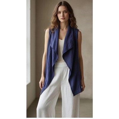 Tommy Bahama Womens Large Blue 100% Linen Draped Open Front Fringe Vest Indigo