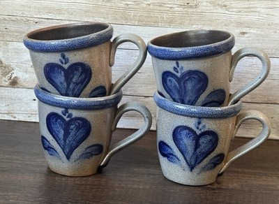 Set Of 4 Rowe Pottery Works Heart Mugs Handcrafted Salt Glaze Stoneware 1990