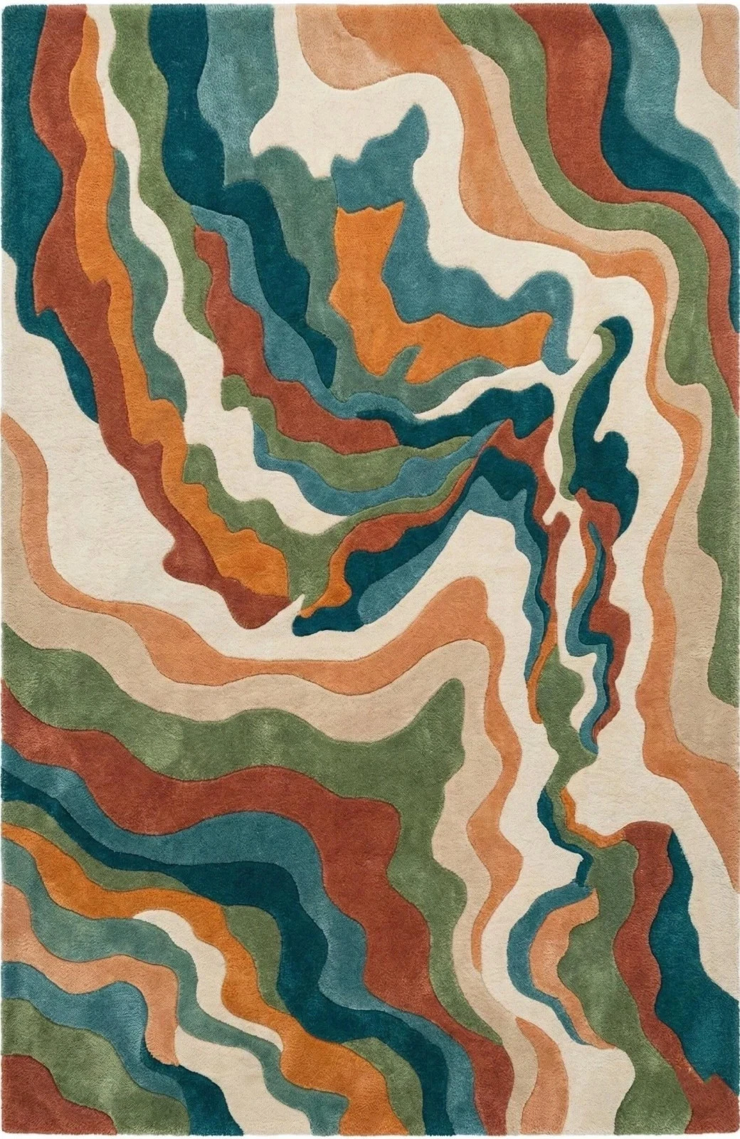 Abstract Wave Wool Rug Teal Rust Green Hand Tufted Wool Area Rug 8x10 Modern Rug