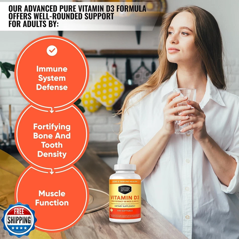 Berkley Jensen высокоэффективный витамин D3 2000 МЕ (50 мкг) (640 гелевых капсул), диетический - Изображение 2 из 4