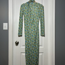 Zara Green Blue Ditsy Floral Long Sleeve Open Back Attached Scarf Maxi Dress