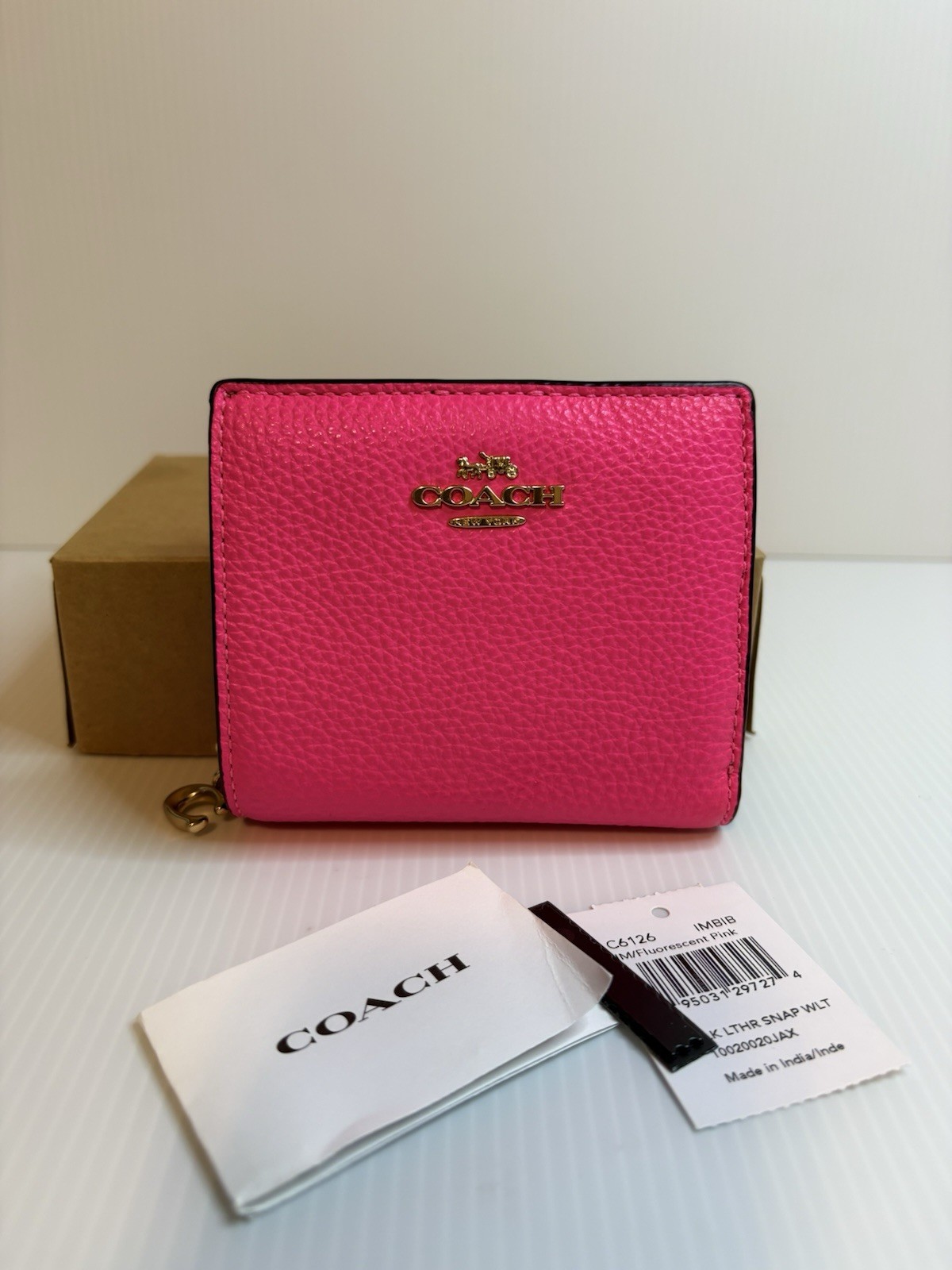 Coach Colorblock Leather Snap Wallet Fluorescent Pink C6126  NWT