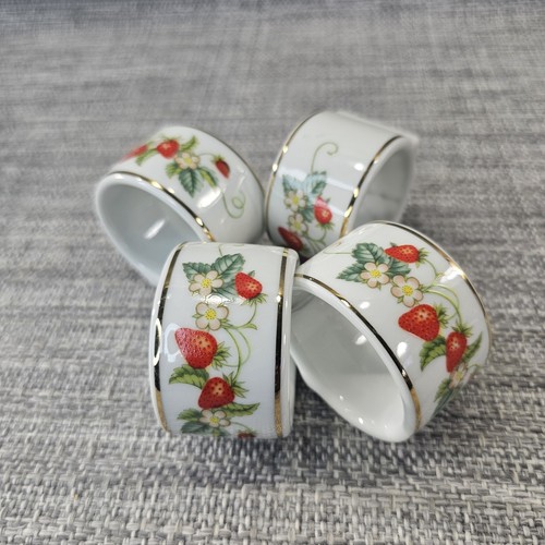 Vintage 1978 Avon Strawberry Napkin Rings with Gold Trim Set of 4 Porcelain - Picture 3 of 5