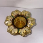 Fenton Art Glass Signed Candle Holder Amber Glass Hand Painted Floral D. Barbour