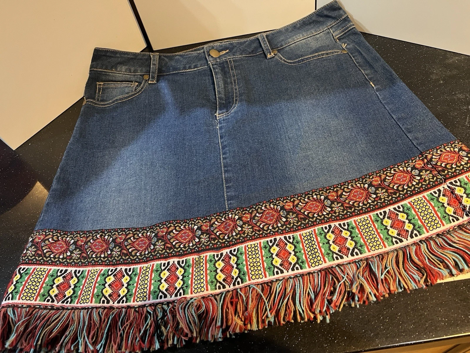 Est 1946 Denim Skirt Womens 12 Embroidered Bohemian Fringe Cowgirl Western