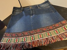 Est 1946 Denim Skirt Womens 12 Embroidered Bohemian Fringe Cowgirl Western