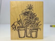 Rubber Stamp Flowers in Pots Art Design Impressions 1996 J-1287 Wood One 3.5"x3"