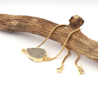 Pear Gray Sugar Druzy CZ Quartz Gold Electroplated Slider Lock Chain Bracelet 