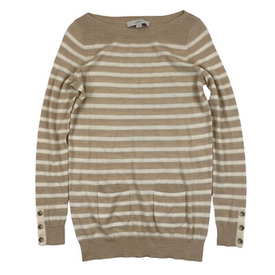 Ann Taylor LOFT Tan Striped Sweater Tight Knit Lightweight Sz XS Pockets  Wool - Main Image