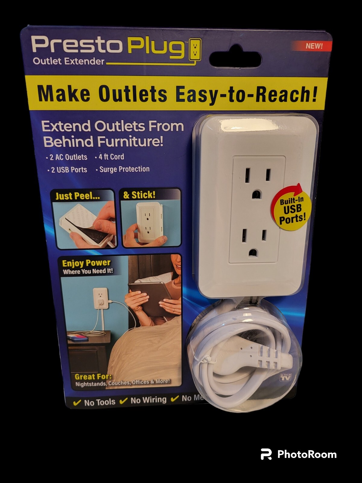 Presto Plug Outlet Extender Power Outlet Relocator w/USB Ports & 2 AC