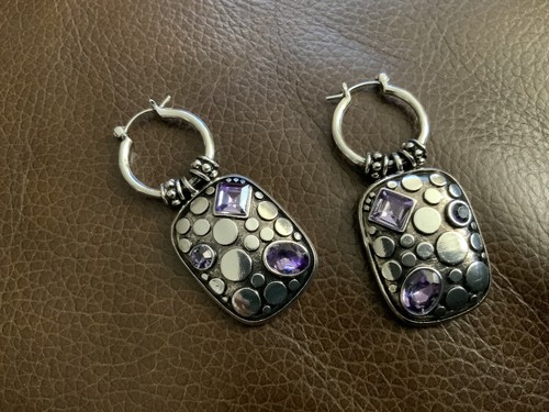 Chico’s Amethyst Hoop Earrings Geometric Silver Dangle Statement Gemstone CZ - Picture 5 of 7