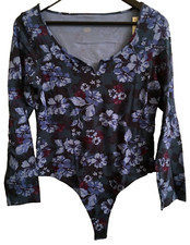 Victoria's Secret PINK BODYSUIT Long Sleeve Blue Hibiscus Floral Top Size L NWT