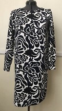Ann Taylor LOFT Navy Black White Floral Abstract Print LongSleeve Shift Dress XS
