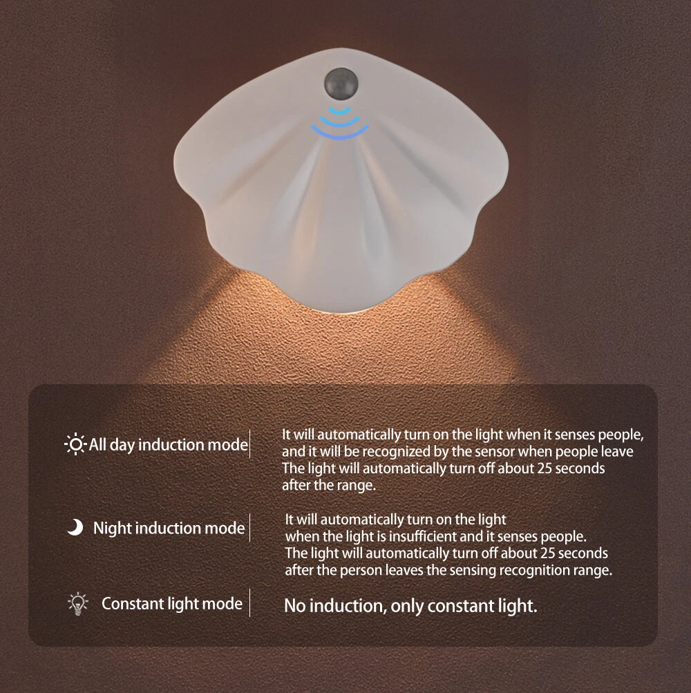 Shell LED Wall Lights Motion Sensor USB Charging Wireless Night Lamp White Black - Picture 7 of 18