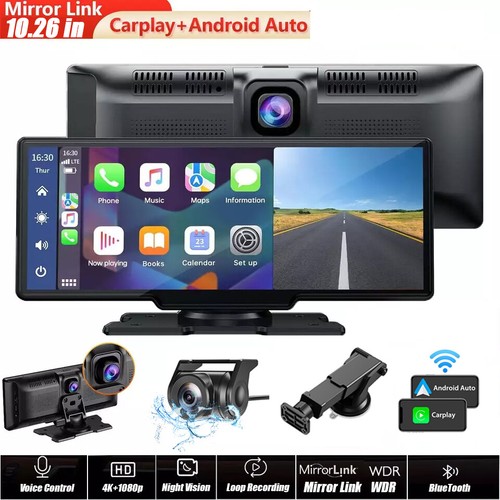 10.26" Wireless Carplay Portable Car Stereo Android Auto IPS Touch Screen HD DVR