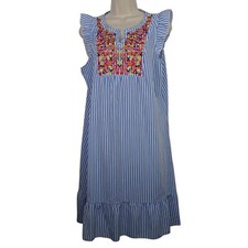 Shein Sleeveless Dress Size L 8 10 Blue Stripe Embroidered Ruffle Boho Cottage