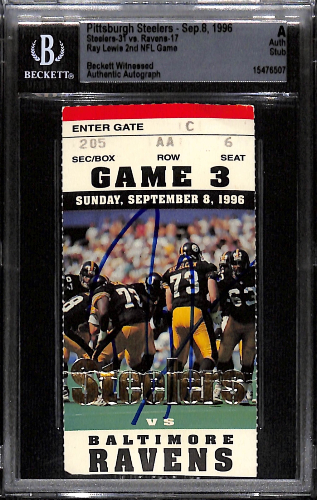 Ray Lewis Autographed Signed Baltimore Ravens 9/8/96 2Nd Game Slab Ticket Beckett 