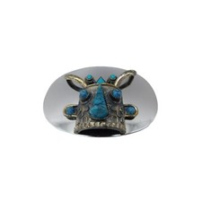 Vtg Stainless Steel Faux Turquoise Southwest Belt Buckle Chrome Idol w/Horns