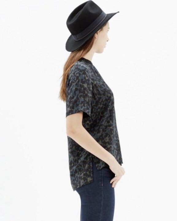 Camicia top camicetta leopardata Madewell XS seta fila anteriore in inchiostro spot