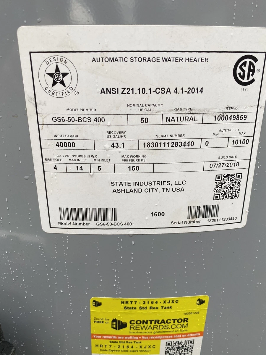 State Industries GS-6 Natural Gas Pro Line Water Heater 50 Gal | eBay