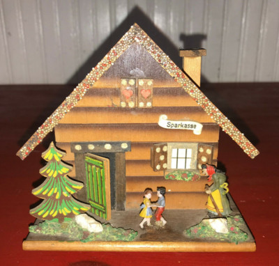 Vintage Sparkasse Cottage Savings Bank Colorful Painted Figural Music Box