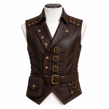 Men's Leather Steampunk Vest Gothic Buckle Waistcoat Renaissance LARP Costume