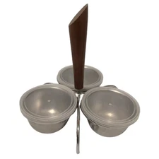 Vintage Mid Century Modern Condiment Tray W/bowls Wooden handle stainless bowls