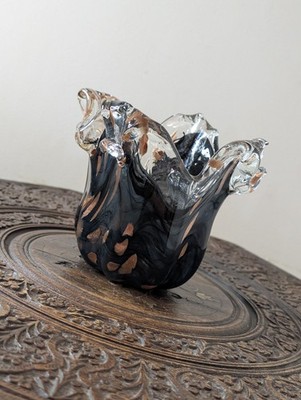 Kleine Tammaro Murano Kunst Glas Vase Schale Schwarz & Kupfer Hand Made In Italy 