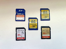 LOT OF 5 SDHC - Kingston, SanDisk 128MB, 32MB SD CARDS