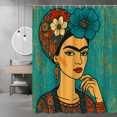 Frida Kahlo Shower Curtain Floral Portrait Teal Orange Art