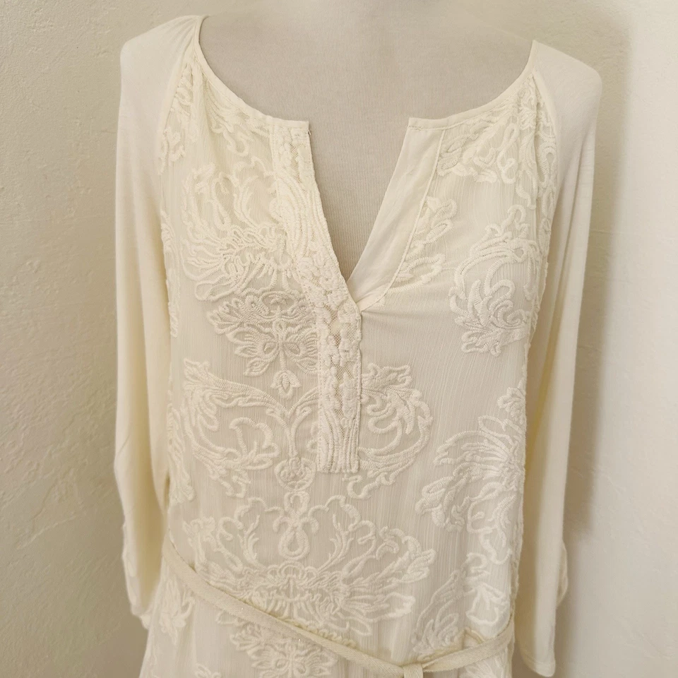 Anthropologie Tiny Shirt Dress Womens Medium Mini Cream Floral Embroidered - Image 3 of 4