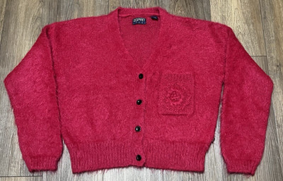 VTG Espirit Sport Mohair Cardigan Womens M Fuschia Colorful Spring Artsy Cropped