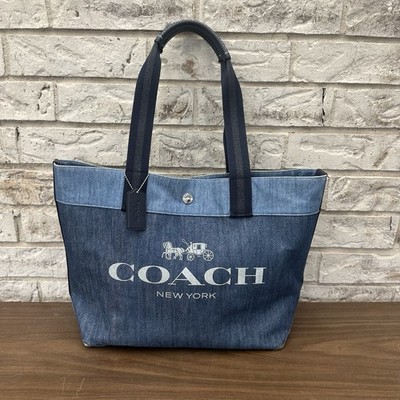COACH 91131 Denim Tote Bag Large Storage Blue Navy Shoulder Purse COACH 91131 Denim Tote Bag Large Storage Blue Navy Shoulder Purse