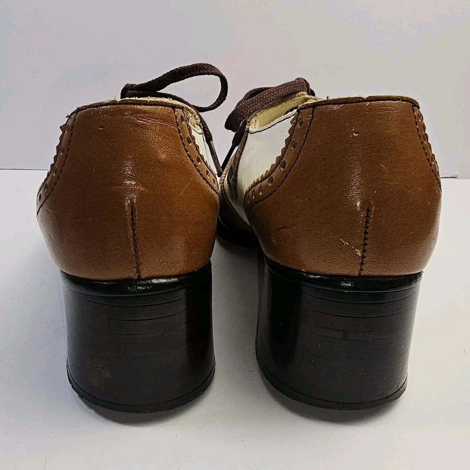 Vintage 1970s Oxford Brogue Spectator Shoes Size 8M Brown & White Leather READ - Image 4 of 4